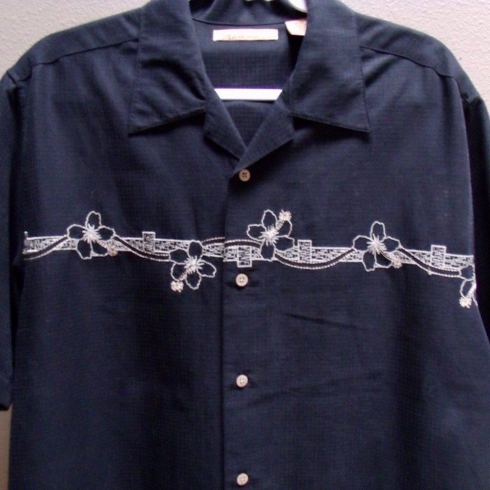 VTG Havanera Co Black Tan Button-Front Embroidered Cuban Havana Aloha Shirt Sz M
